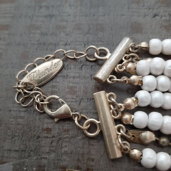 Plunder Layered Multi-Strand Beaded Necklace Gold White Silver Geometric beads - Picture 3 of 4